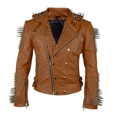 Gun Spiked Renegade Leather Jacket Brown Cowhide with Double Buckle Waist Fastening