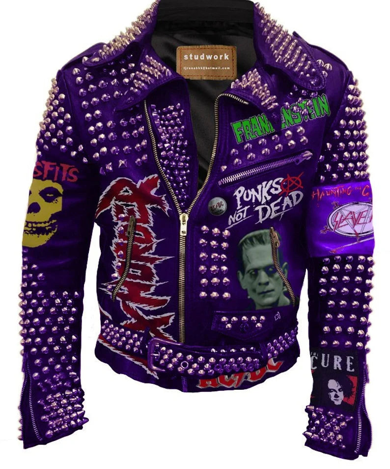 Men's Punk Rock Purple Fashion, Outer Wear Gothic Exhorder Misfit Jacket, Club Wear Heavy Cone Studded, Personalized The Cure Slayer Jacket,
