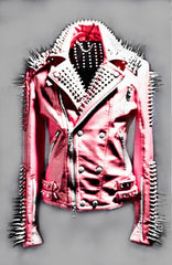 Blush Barricade Petal-Pink Punk Jacket with Bullet Spikes, Lapel Collar Studs & Six-Button Side Zip Hybrid