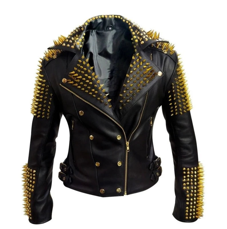Handmade Bomber Leather Jacket, Women Fashion Jacket, Heavy Metal Studs Jacket, Personalized Golden Studded Jacket, Spiked Fashion Jacket,