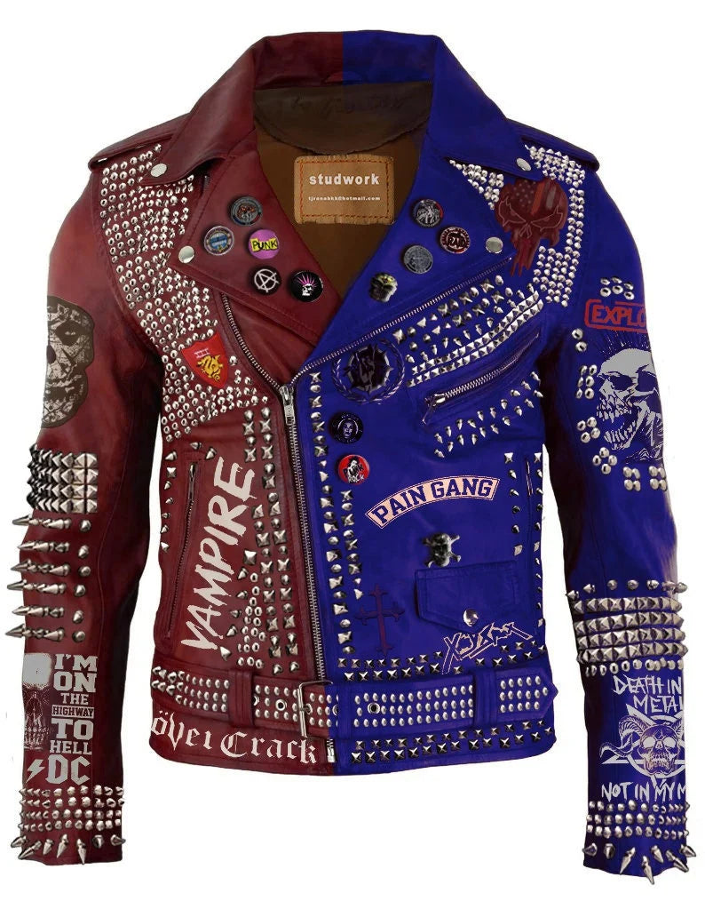 Men Tow Tone Studded Belted Jacket, Men Blue Brown Steampunk Pyramid Studs Leather Jacket, Blue Shoulder Epaulettes Punk Rock Patches Jacket