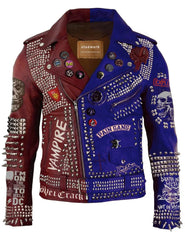 Men Tow Tone Studded Belted Jacket, Men Blue Brown Steampunk Pyramid Studs Leather Jacket, Blue Shoulder Epaulettes Punk Rock Patches Jacket