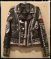 Gothic Personalized Jacket, Made To Order Bikers Patches Jacket, Genuine Leather Studded Jacket, Pyramid Studs Brando Long Spiked Jacket,