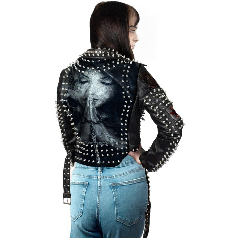 Women’s Gothic Punk Jacket – Faces of Death & Sine Mora Patches, Bullet Spikes, Studded Leather Moto Fit, Custom Partywear