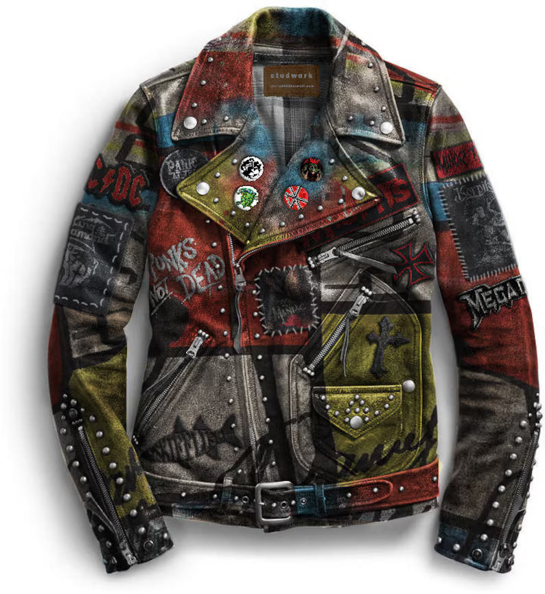 Men’s Studded Punk Leather Jacket – Waist Belted Gothic Moto Fit with King Diamond Patch, Custom Steampunk Style