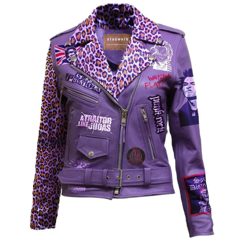 Women’s Purple Silver Studded Leather Jacket | Bold Wobbles Big Printed Patch Cheetah Print Collar & Sleeves Sex Pistols and Dead Kennedys