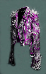 Women Purple Studded Leather Jacket, Women Spiked Steam Punk Jacket, Gothic Purple Jacket, Rockers Women Spiked Studded Jacket