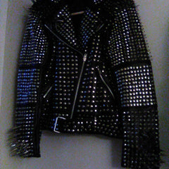 Rockers Mens Full Brown Punk Silver Long Spiked Studded Leather Brando Jacket