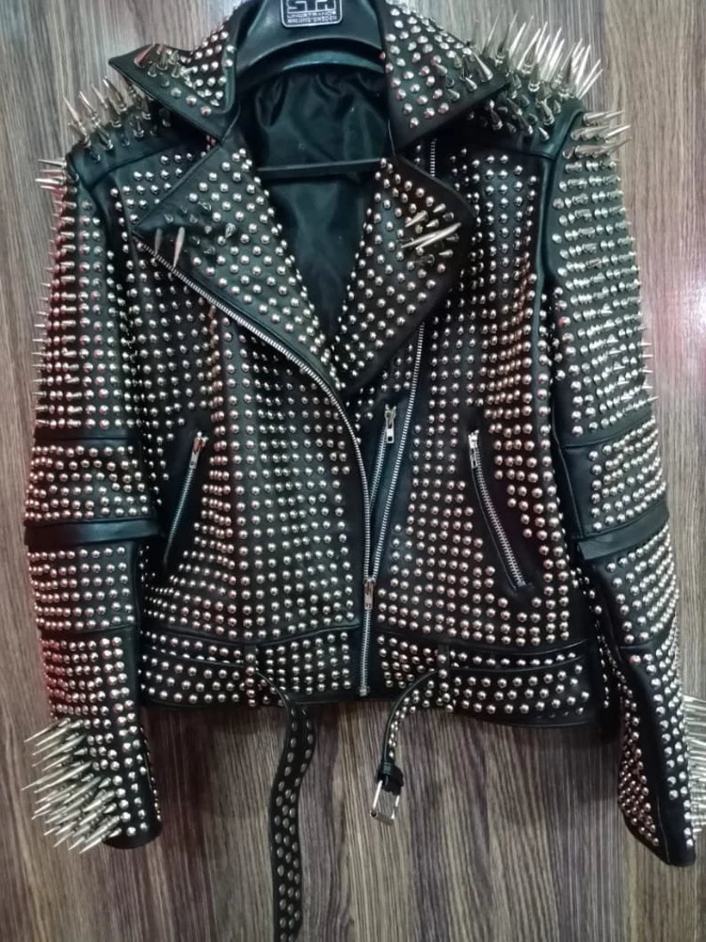 Men’s Gothic Biker Leather Jacket – Brando Style with Long Spikes, Silver Studded Moto Fit, Custom Steampunk Fashion