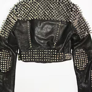 Handmade Brando Style Punk Silver Spiked Woman Studded Cowhide Leather Jacket