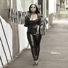 Customized Handcrafted Fringes Women's Black and Silver Color Silver Studded Genuine Leather Jacket (3179)