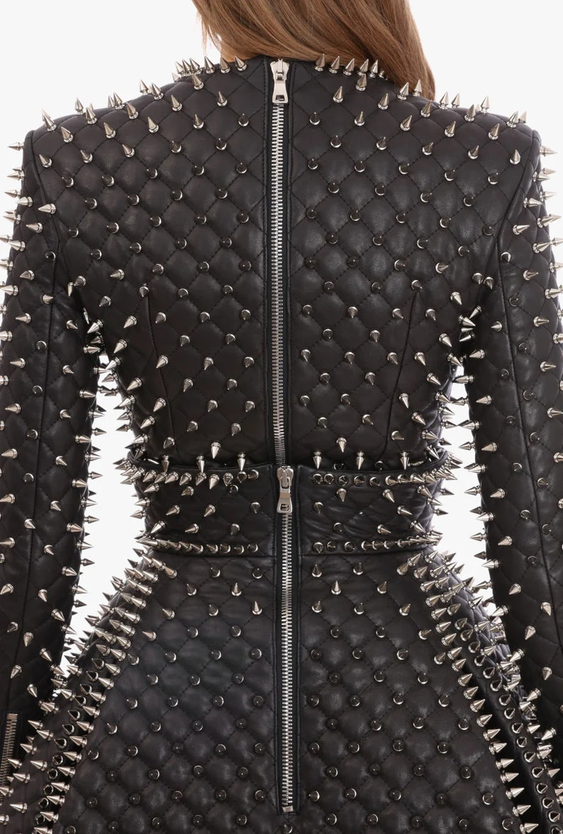 WOMEN Silver Studded Leather Jacket TOP ONLY, Spiked Leather Jacket, Women Steam Punk Spike Jacket, Gothic Hippie Silver Spikes Jacket Women