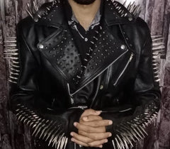 HANDMADE Mens Full Black Punk Silver Long Spiked Studded Leather Buttons Up Jacket Silver Studs and Spikes Black Leather Made to Orders