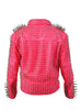 Men's Full SPIKED Punk Silver Long Spike Studded PINK Leather Brando Jacket