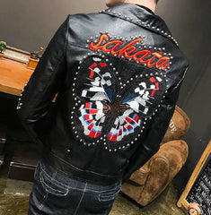 Brando Style Patches Leather Jacket Men, Black Fashion Outer Wear Studded, Sakata Butterfly Patch, Customize Biker's Punk Jacket,