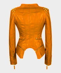 Women's Orange Cowhide Leather Jacket Punk Rock Biker Style with Zipper Details & Pyramid Studded Collar