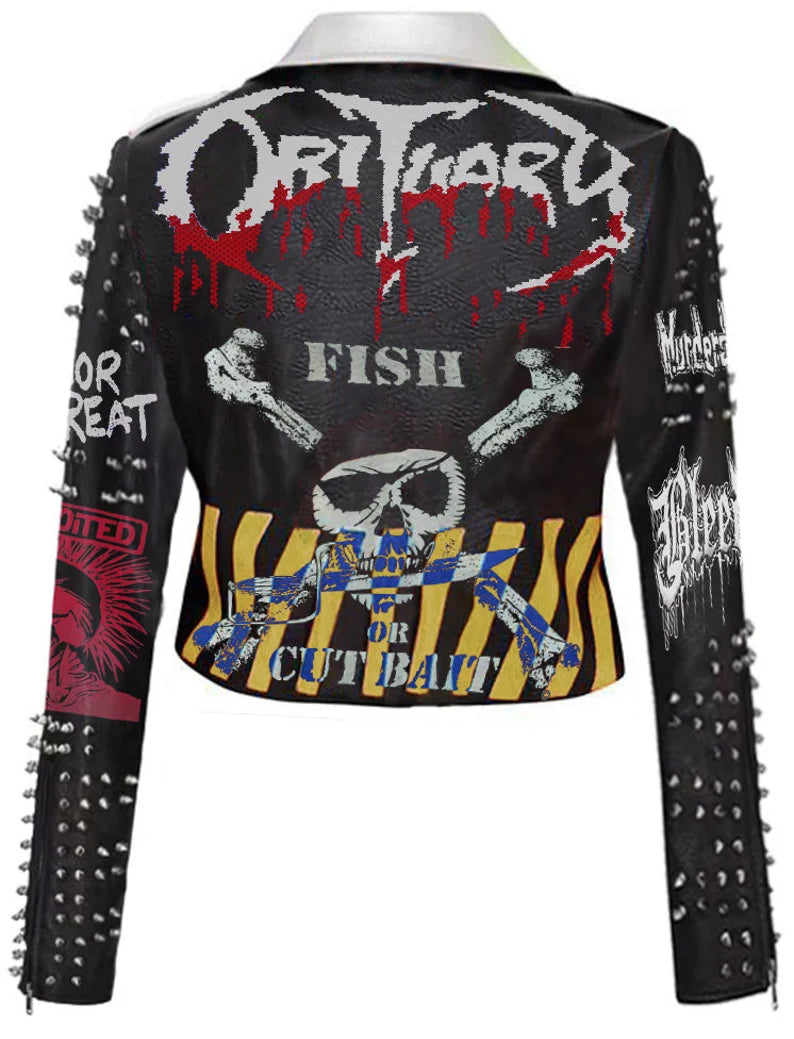 Gothic Clubwear Biker Jacket – Custom Metallica & Punk Rock Patches, Steampunk Studded Leather, Spiked Moto Fit