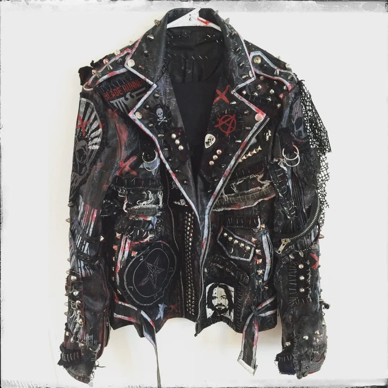 Men’s Gothic Biker Leather Jacket – Silver Studs & Spikes, Steampunk Lapel Collar Moto Fit, Custom Handmade Fashion