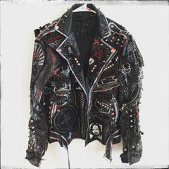 Men’s Gothic Biker Leather Jacket – Silver Studs & Spikes, Steampunk Lapel Collar Moto Fit, Custom Handmade Fashion