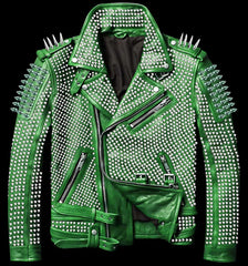 Men Green Full Silver Studded Brando Biker Genuine Leather Belted Jacket