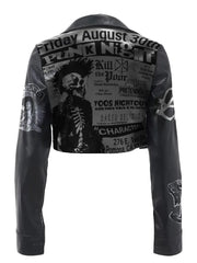 Women’s Black Leather Jacket – Handmade Patchwork Style with Spread Collar, Button Cuffs, Front Closure & Dual Back Patch Options