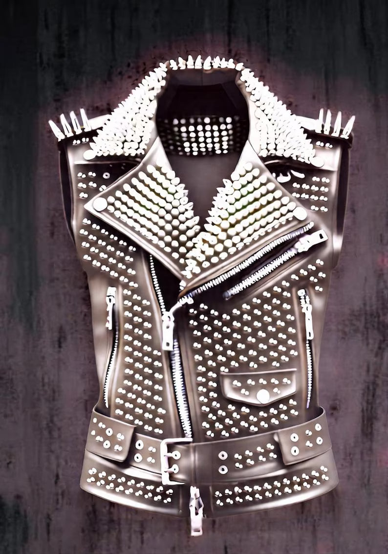 Plum Ash Riot Women’s Plum Charcoal Sleeveless Leather Biker Vest with Spikes & Studded Lapel Collar