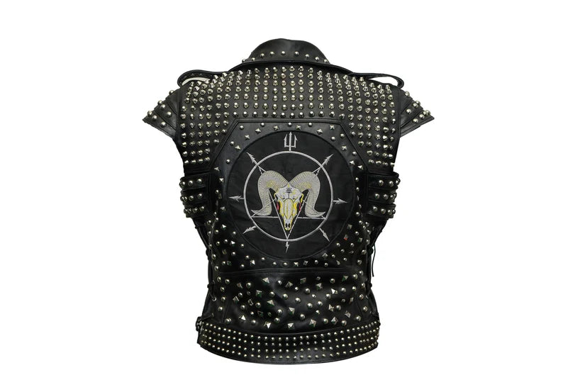 Black Goat Head Studded Leather Vest for Men Alternative Metal Biker Fashion, Men's Black Leather Vest, Conical Studs Bikers Vest, Goat Vest