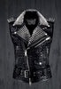 Women Silver Black Studded Belted Leather Vest, Silver Spike Studded Leather Brando Vest, Spiked Women Leather Vest Ladies Biker Jacket