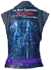 Frightening Monster Blue Leather Outer Wear, Silver Round Studded Gothic Vest Jacket, Handmade Waist Belted Punk Rock, Sleeveless Jacket,