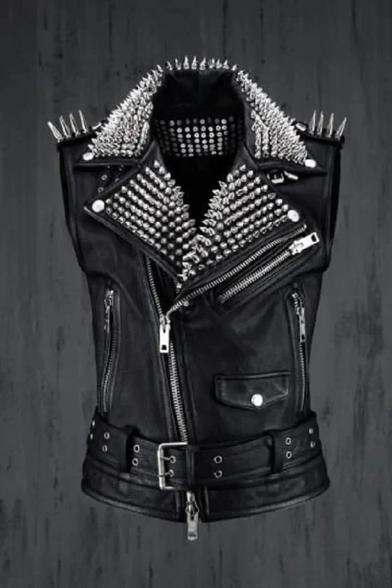 VEST JACKET HANDMADE Men Black Punk Silver Long Spiked Studded Leather Buttons Up Vest Silver Studs and Spikes Black Leather Studs Spike