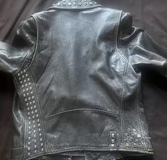 Dynamic Black Cowhide Leather Biker Jacket Punk Rock Style with Silver Studs & Red-Toned Zippered Pockets