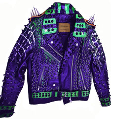 Purple Green Studded Leather Jacket Men's Brando Belted Collar Waist Belted Jacket Motorbike, men Purple Studs Spikes Genuine Leather Jacket