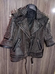 Men’s Gothic Biker Leather Jacket – Brando Style with Long Spikes, Silver Studded Moto Fit, Custom Steampunk Fashion