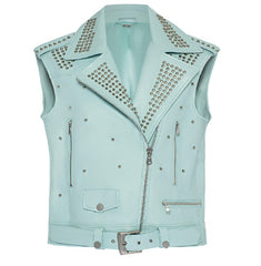 Frostbite Mint Green Vest Jacket Silver Spike Embellished Brando Biker Style with Customizable Design
