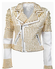 Man White Leather Jacket, Steampunk Clothing Golden Studded Punk Jacket, Men’s Biker Jacket, Gold Studs Cowhide Leather, Men Studded Golden