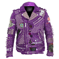 Biker's Purple Mooca Caboel Gothic Fashion, Steampunk Studded Cow Leather Jacket, Heavy Metal Studs Deadly Mosh, Men's Club Wear Jacket,