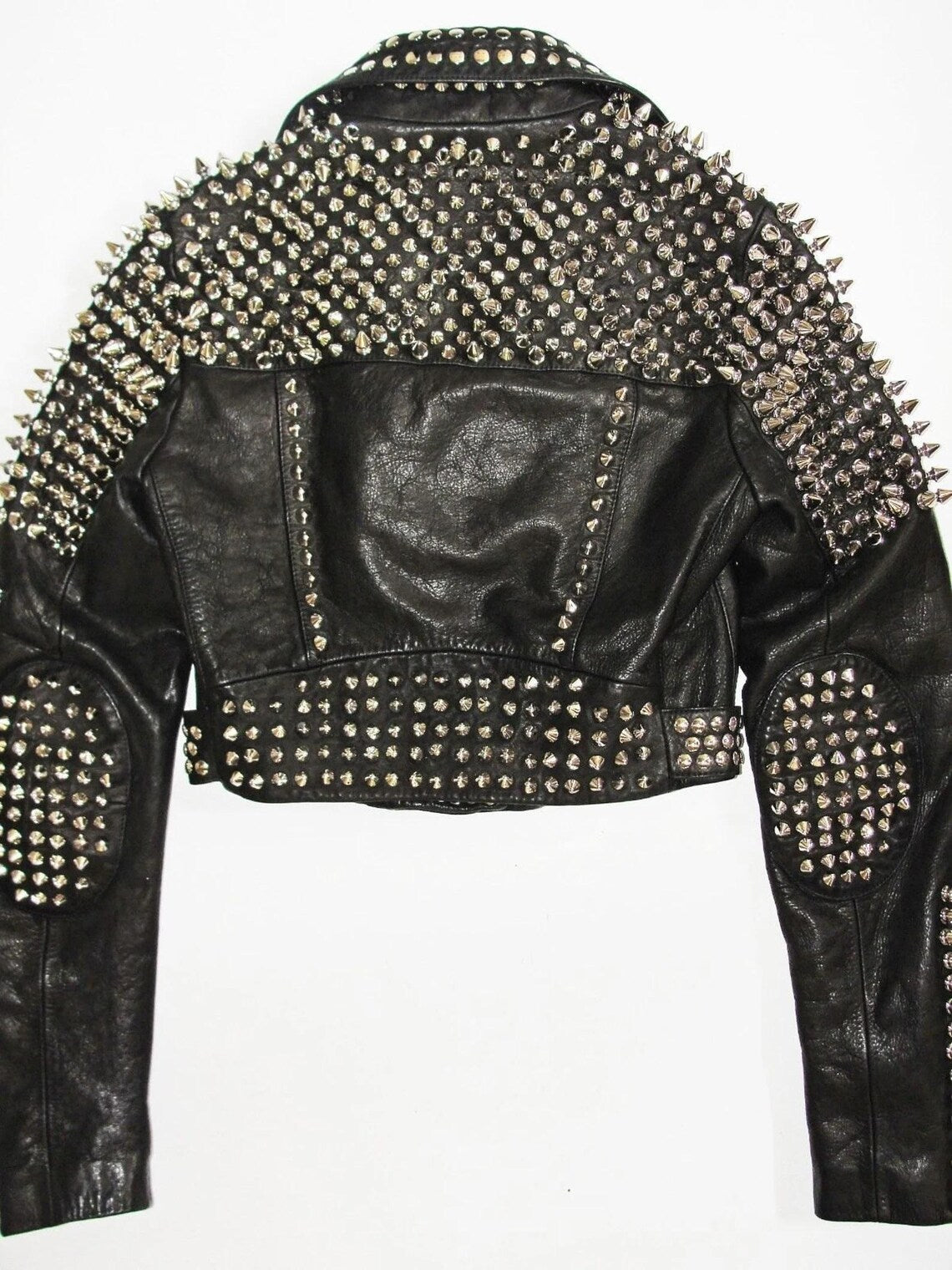 Handmade Brando Style Punk Silver Spiked Woman Studded Cowhide Leather Jacket