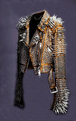 Men's Studded Leather Jacket - Steampunk Orange Spiked Gothic Rocker Jacket - Unique Spiked Leather, Rocker Style, Custom Design Punk Jacket