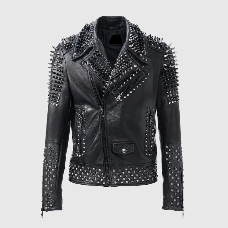 Handmade Silver Biker Brando Mens Punk Biker Full Black Silver Studded Biker Leather Jacket