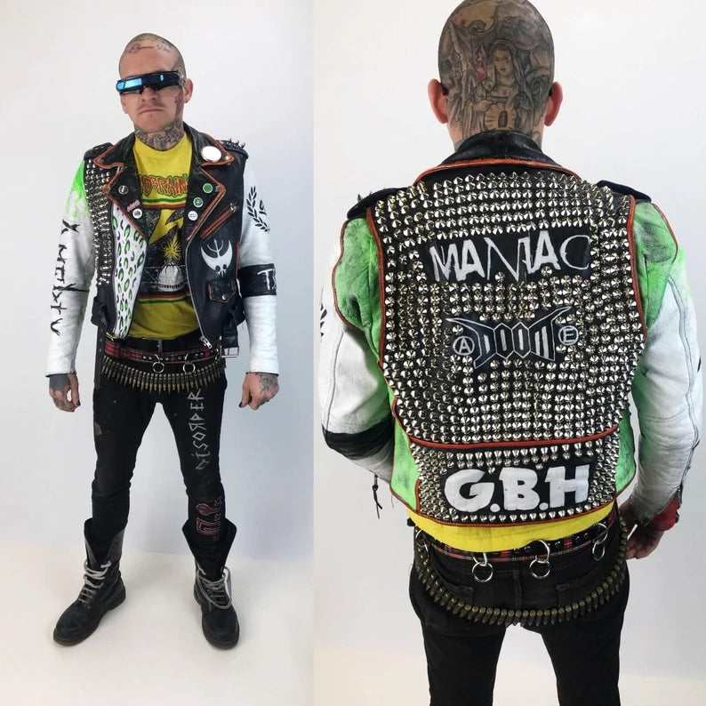 Heavy Metal Cone Studded Patches Jacket, Men's Bikers Personalized Steampunk Jacket, Customize Brando Motorcycle Gothic Belted Jacket,