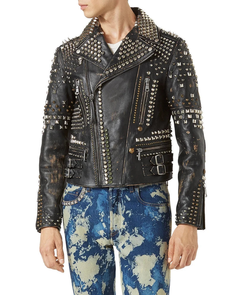 Men's Biker Studded Stylish Magnificent Leather Jacket All Sizes Available Antique Brown Distressed Multi color studs belted strap zipper