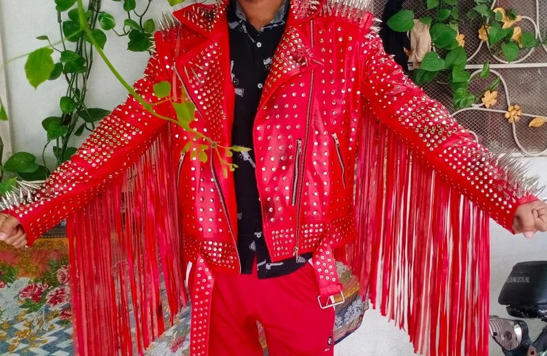 Women Handmade Silver Studded Red Fringed Leather Jacket, Customize Biker's Fashion, WWF Wrestlers Outfit, Brando Personalized Jacket,