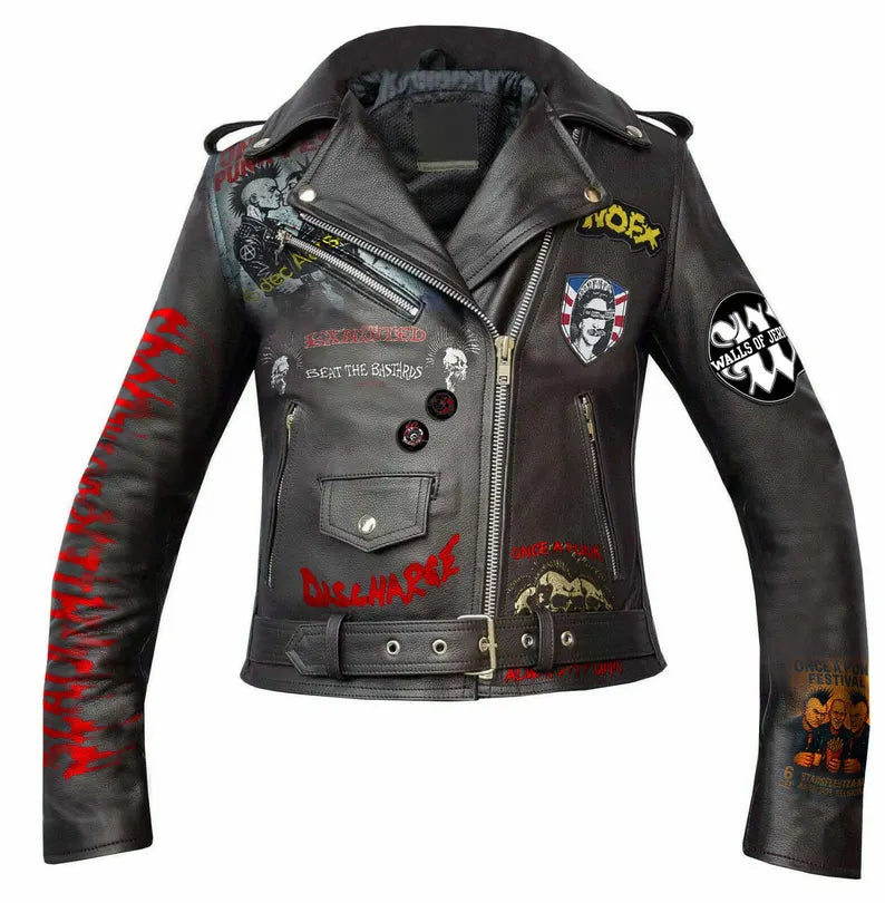 Women’s Gothic Punk Leather Jacket – Guns N’ Roses Patch, Shoulder Epaulettes, Brando Biker Fit with Waist Belt & Custom Festival Badge work