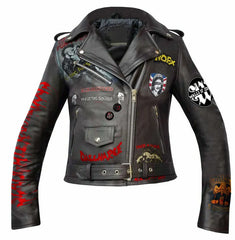 Women’s Gothic Punk Leather Jacket – Guns N’ Roses Patch, Shoulder Epaulettes, Brando Biker Fit with Waist Belt & Custom Festival Badge work