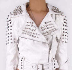 Motorcycle Jacket, Silver Studded Fashion Jacket, Handmade White Color Punk Jacket, Lapel Collar, Metal Cone Studs Real Leather Jacket,