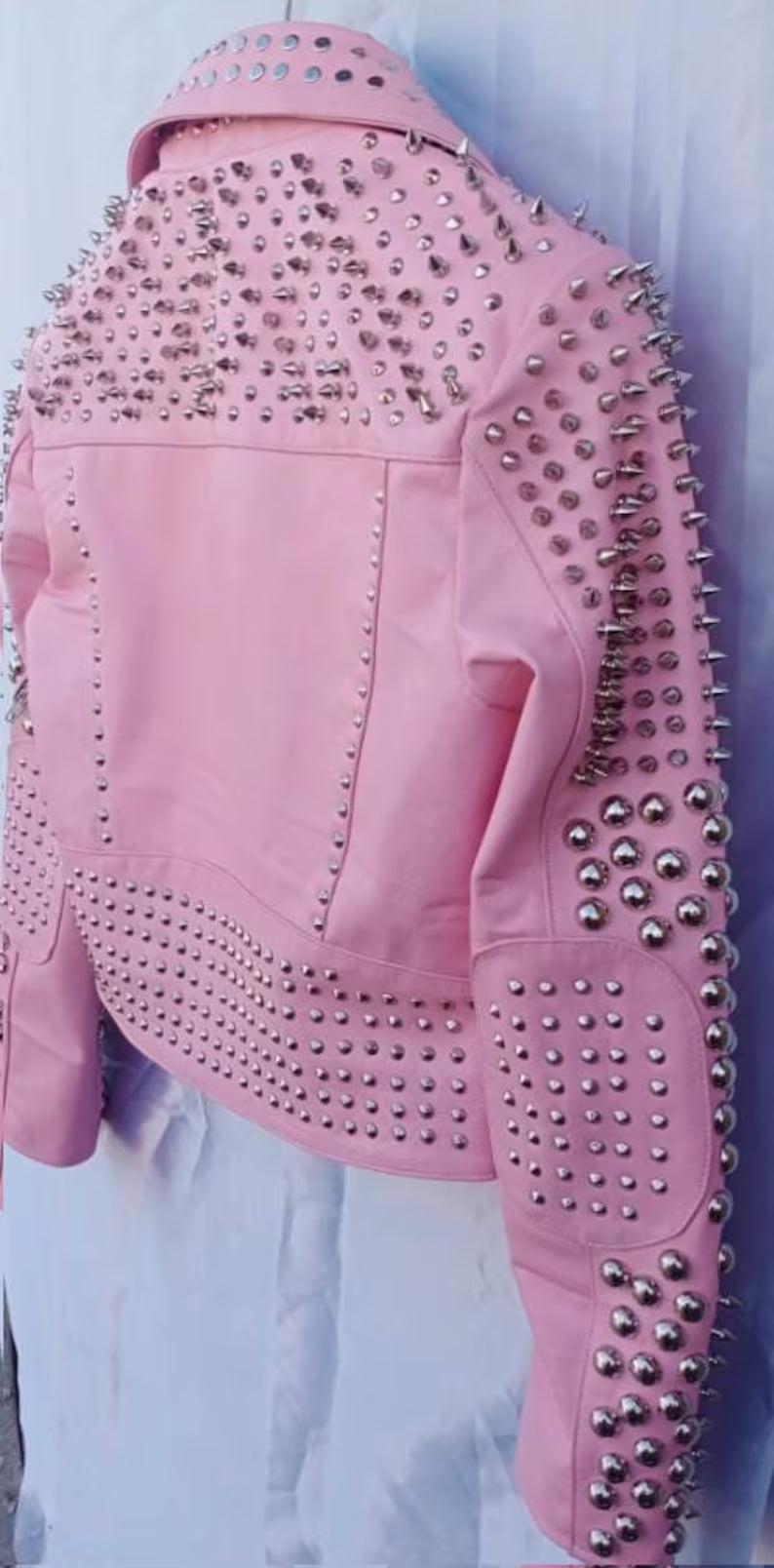 Women Pink Studded Leather Rock Steam Punk Style Biker Jacket, Women Silver Studs Spiked Pink Jacket