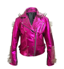 Heavy Motorbike Long Spiked Jacket, Handmade Pure Leather Pink Jacket, Silver Spike Studded Punk Jacket, Bikers Fashion Brando Jacket,