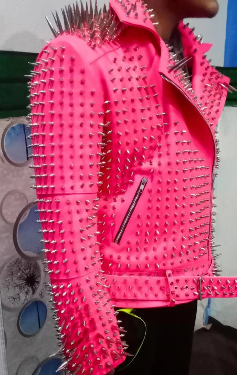 Women's Full Spiked Punk, Silver Long Spike Studded, Pink Brando Clothing, Bikers Outfit Steampunk, Handmade Cowhide Leather Jacket,
