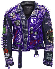 Regal Purple Studded Leather Jacket Heavy Spiked Steampunk Biker Iconic Patches & Custom Design