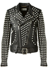 Customize Brando Gothic Jacket, Women Personalized Studs Jacket, Genuine Leather Jacket, Silver Round Studs, Lapel Collar Belted Jacket,